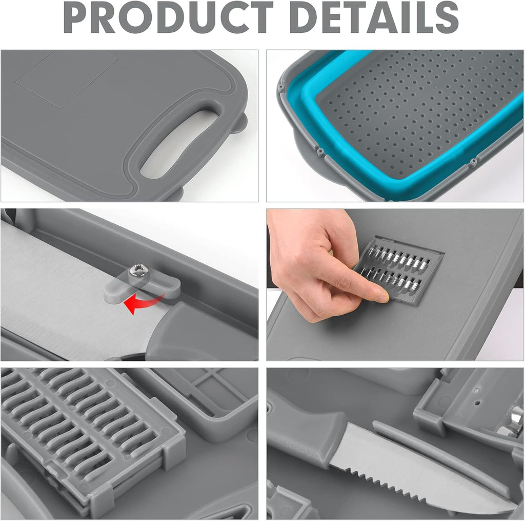 HI NINGER 9-in-1 multifunctionele snijplank, keuken met 5 groentesnijders en 2 messen, draagbare kunststof opvouwbare afvoermand voor camping, barbecue, outdoor