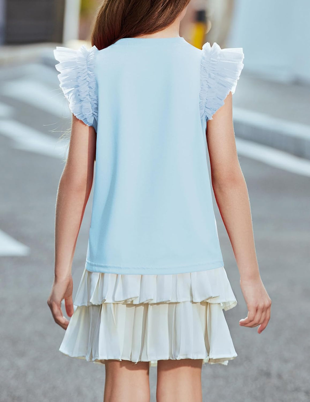 Arshiner T-shirt met kanten mouwen voor meisjes, zomertop, ronde hals, korte mouwen, casual, effen, 5-14 jaar