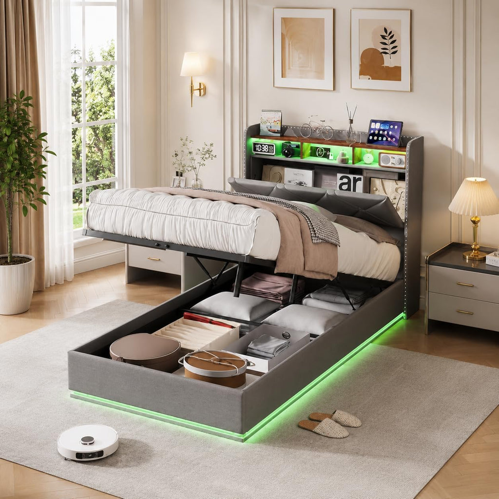 Lit Coffre LED RGB & Port USB | Rangement Hydraulique | Tête de Lit Rembourrée avec Étagères | 90 à 160 x 200 cm