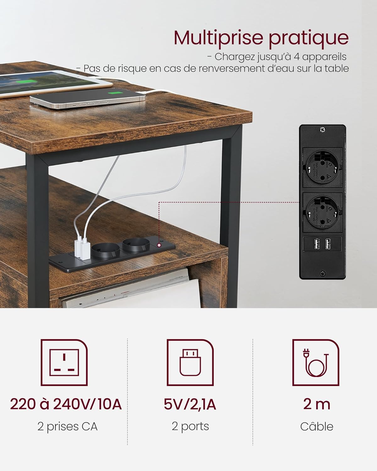 Table de Chevet VASAGLE avec Multiprise – 2 Tiroirs, USB, Style Vintage, 35 x 61 cm