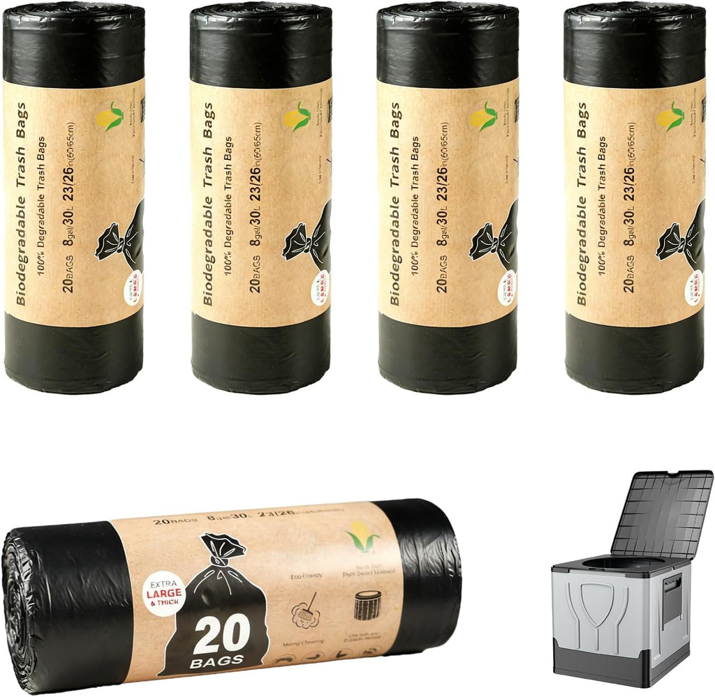 100 stuks campingtoilettzakken, zwart, 30 liter, biologisch afbreekbaar, voor wandelen, alle campingtoiletten, waterdicht, extra dik, scheidbare toiletaccessoires