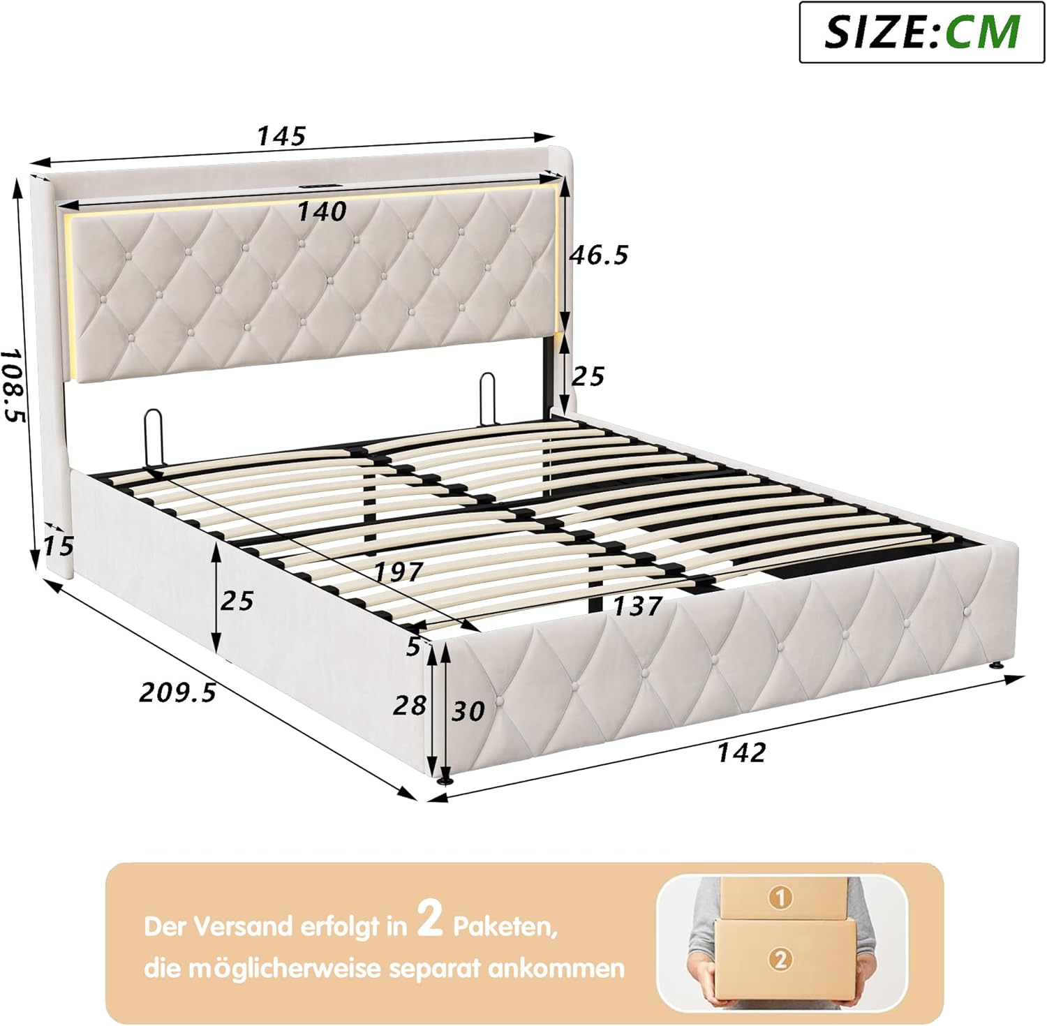 Lit Coffre Capitonné 140 x 200 cm – Tête de Lit Hydraulique & Sommier à Lattes – Flanelle Blanc Cassé