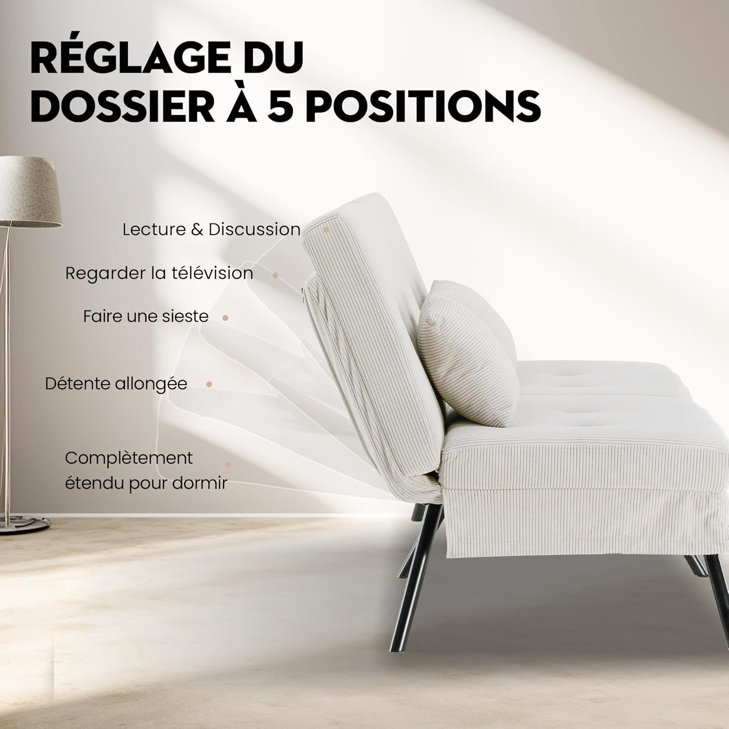 Canapé-lit convertible COMHOMA – 3 places – Tissu gris – Dossier ajustable