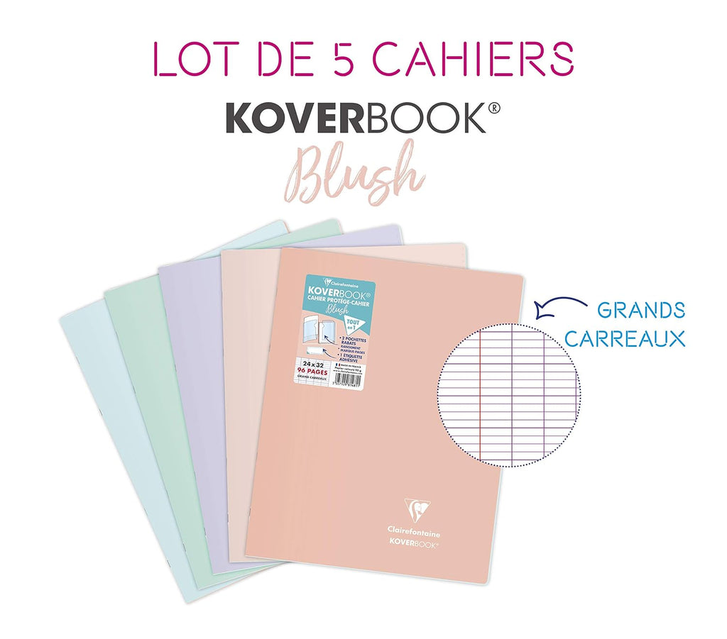 Clairefontaine 981481AMZC Koverbook Blush Schrift, 96 pagina's, 24 x 32 cm, 90 g, grote ruiten, envelop van polypropyleen, gesorteerd (frosted blauw, mint, paars, poederroze en koraal)