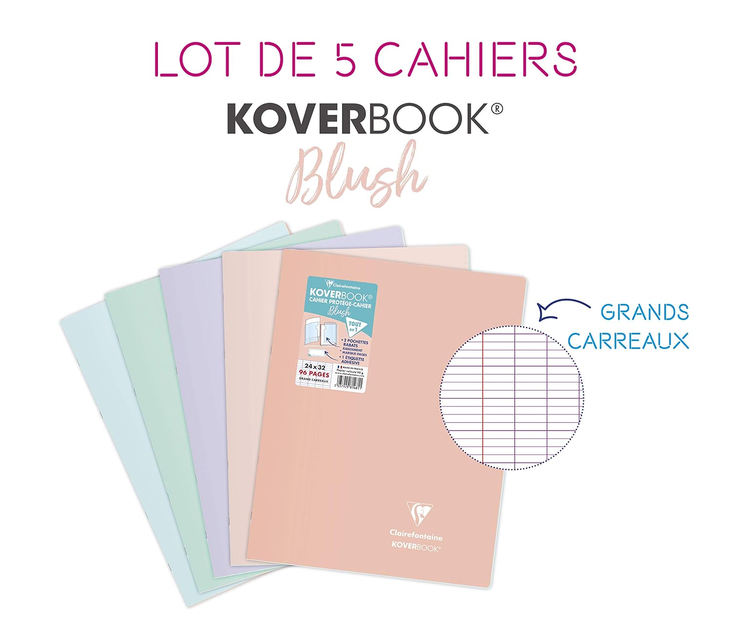 Clairefontaine 981481AMZC Koverbook Blush Schrift, 96 pagina's, 24 x 32 cm, 90 g, grote ruiten, envelop van polypropyleen, gesorteerd (frosted blauw, mint, paars, poederroze en koraal)