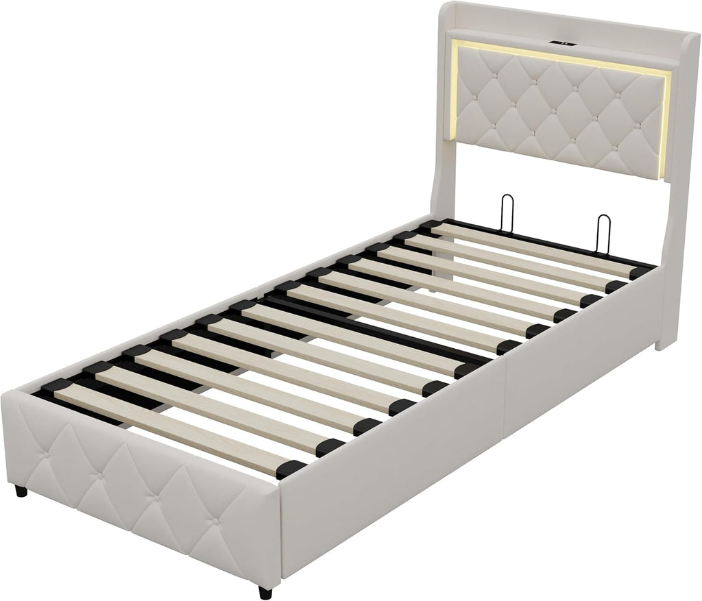 Lit Coffre Capitonné 140 x 200 cm – Tête de Lit Hydraulique & Sommier à Lattes – Flanelle Blanc Cassé