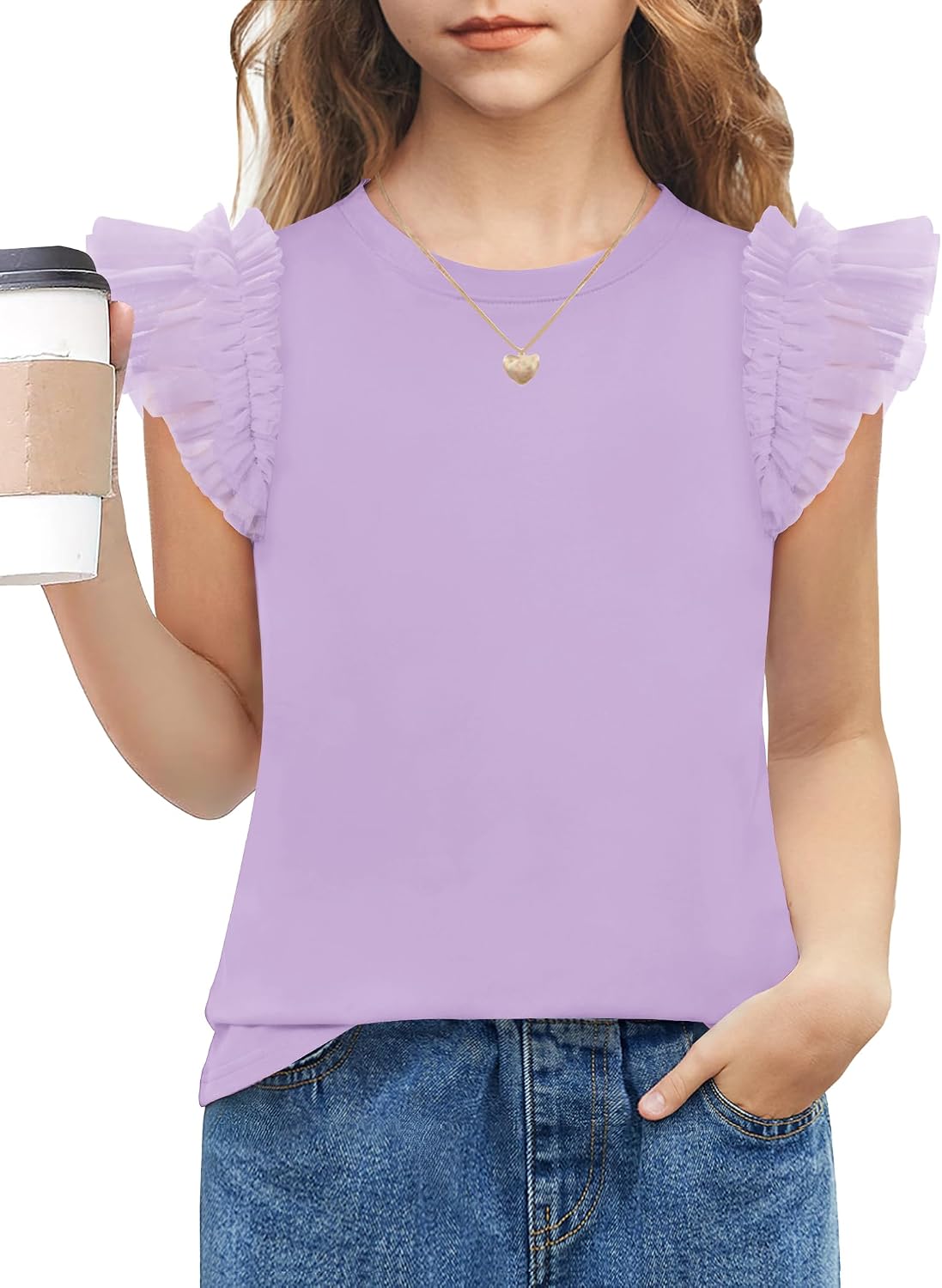 Arshiner T-shirt met kanten mouwen voor meisjes, zomertop, ronde hals, korte mouwen, casual, effen, 5-14 jaar