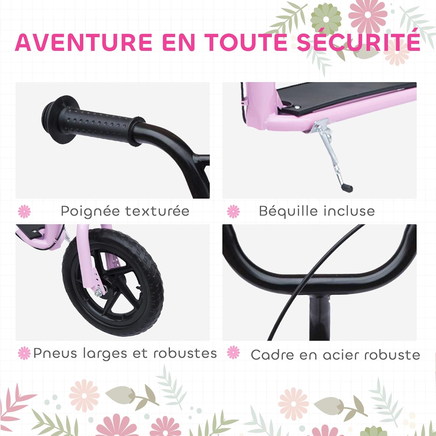 HOMCOM Scooter met banden, 30 cm, hoogte verstelbaar stuur, handgreep rem en standaard
