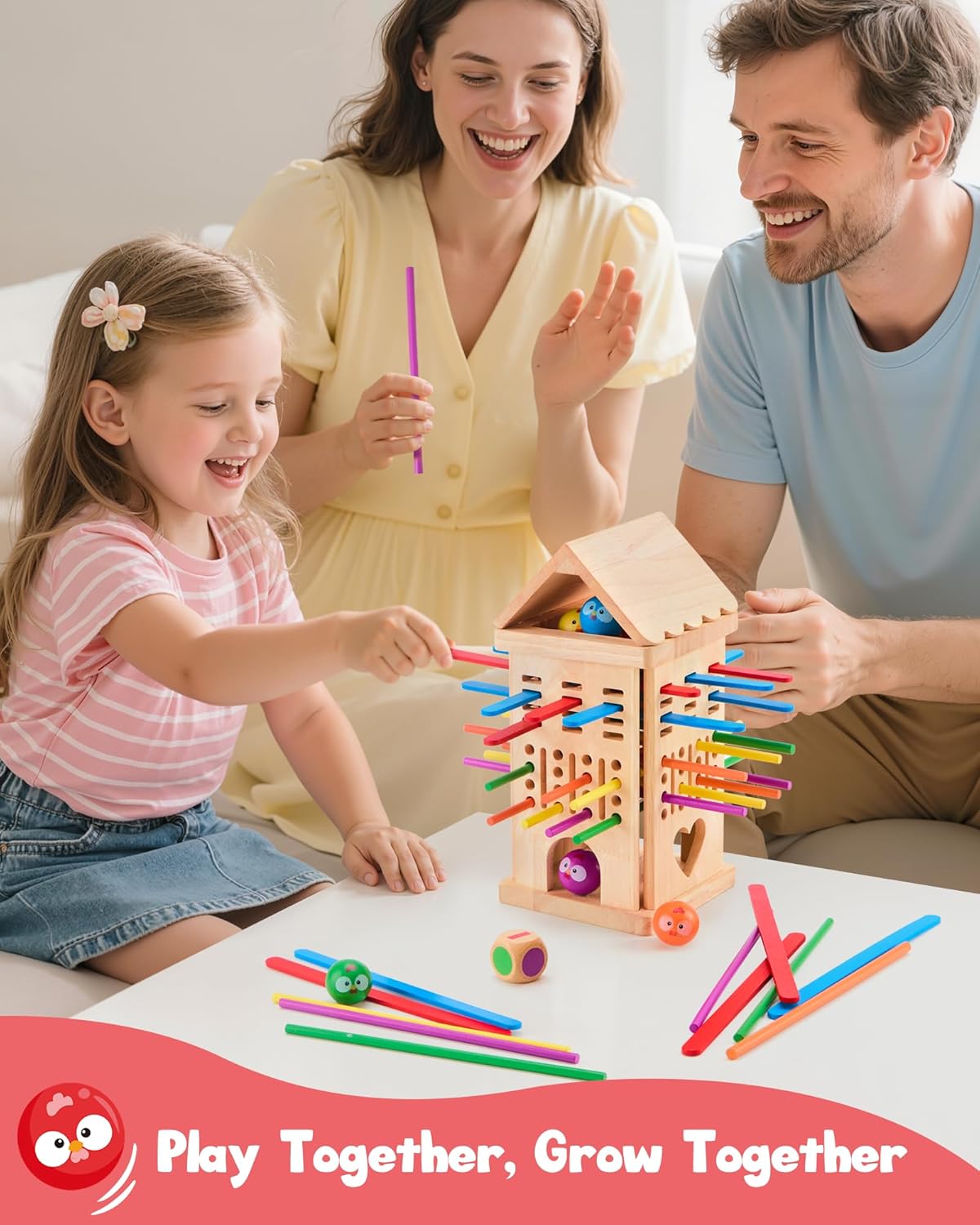 Wooden Board Game for Children 3-6 Years - Chicken Coop Game with Dice, Sticks and Chick Ball - Family Game Balance and Concentration - Boy Girl Birthday Gift