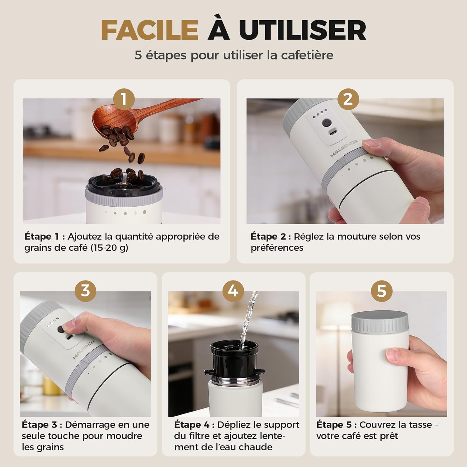 HAUSHOF Draagbare alles-in-één koffiezetapparaat met geïntegreerde molen, 5 maalinstellingen, USB-C oplaadbaar, 300 ml, ideaal voor reizen en kamperen, zwart