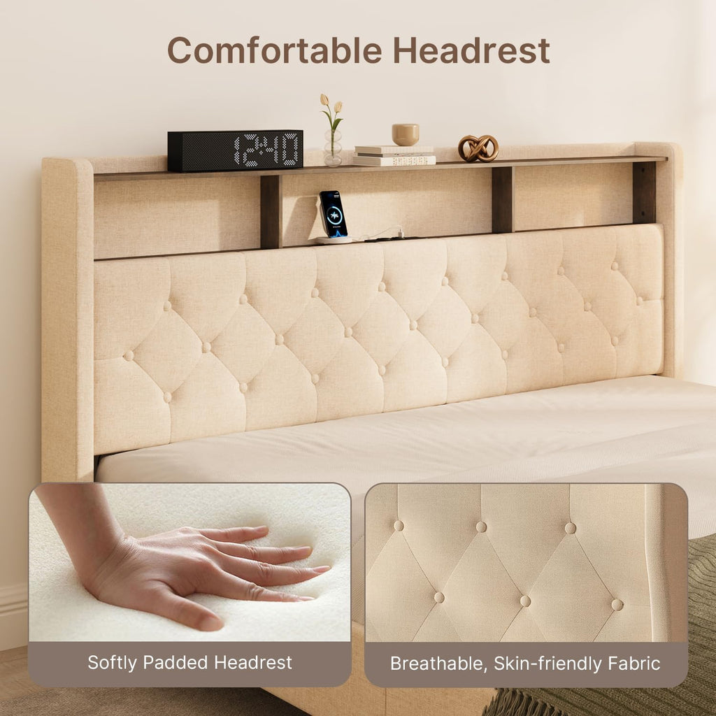 Lit Double 160 x 200 cm avec Éclairage LED & Prise Intégrée – Tête de Lit Capitonnée avec Rangement – Effet Flottant – Beige