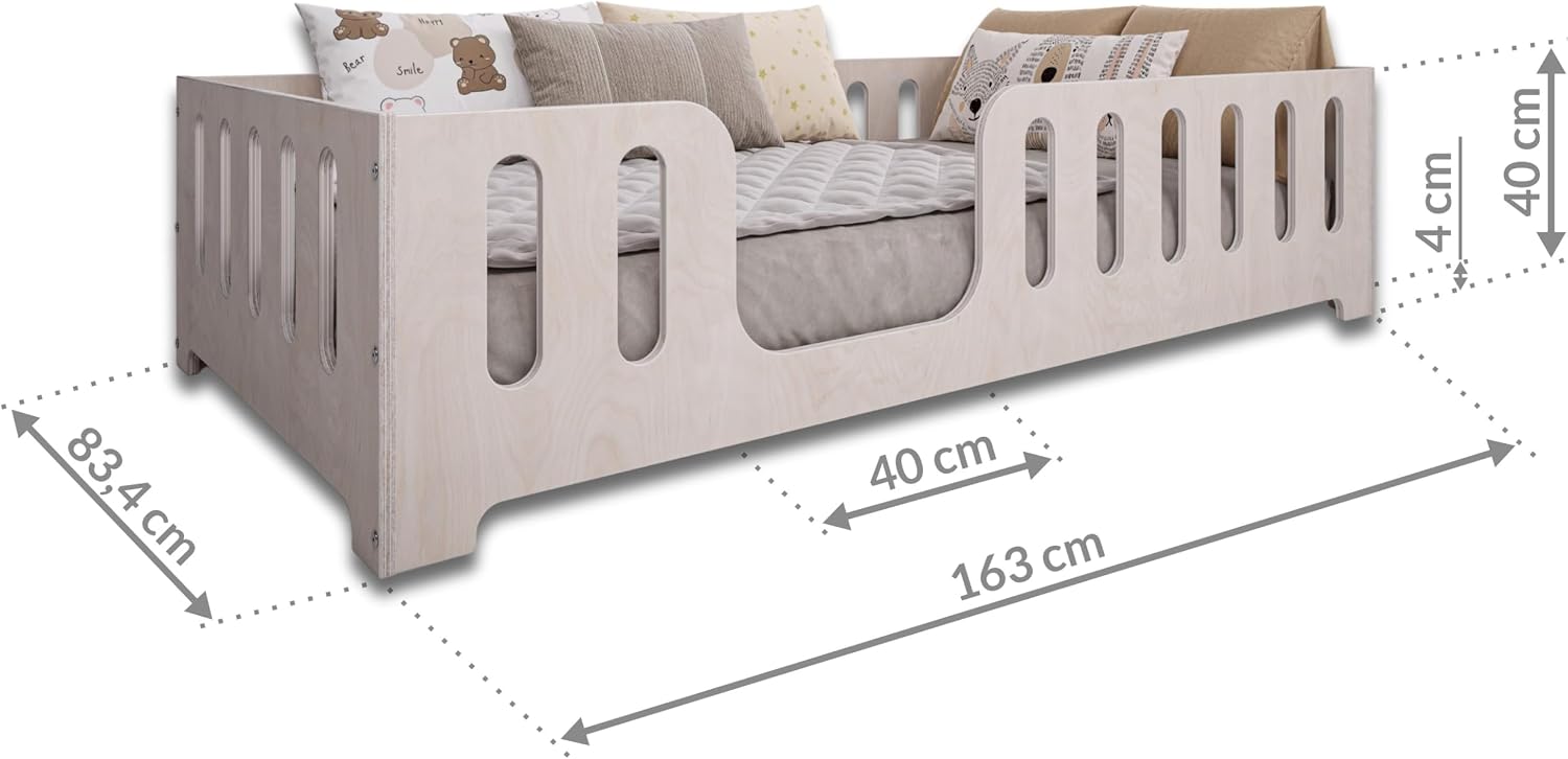 Lit Montessori Enfant 90 x 200 cm – Bois de Hêtre Naturel – Barrière de Sécurité & Sommier à Lattes