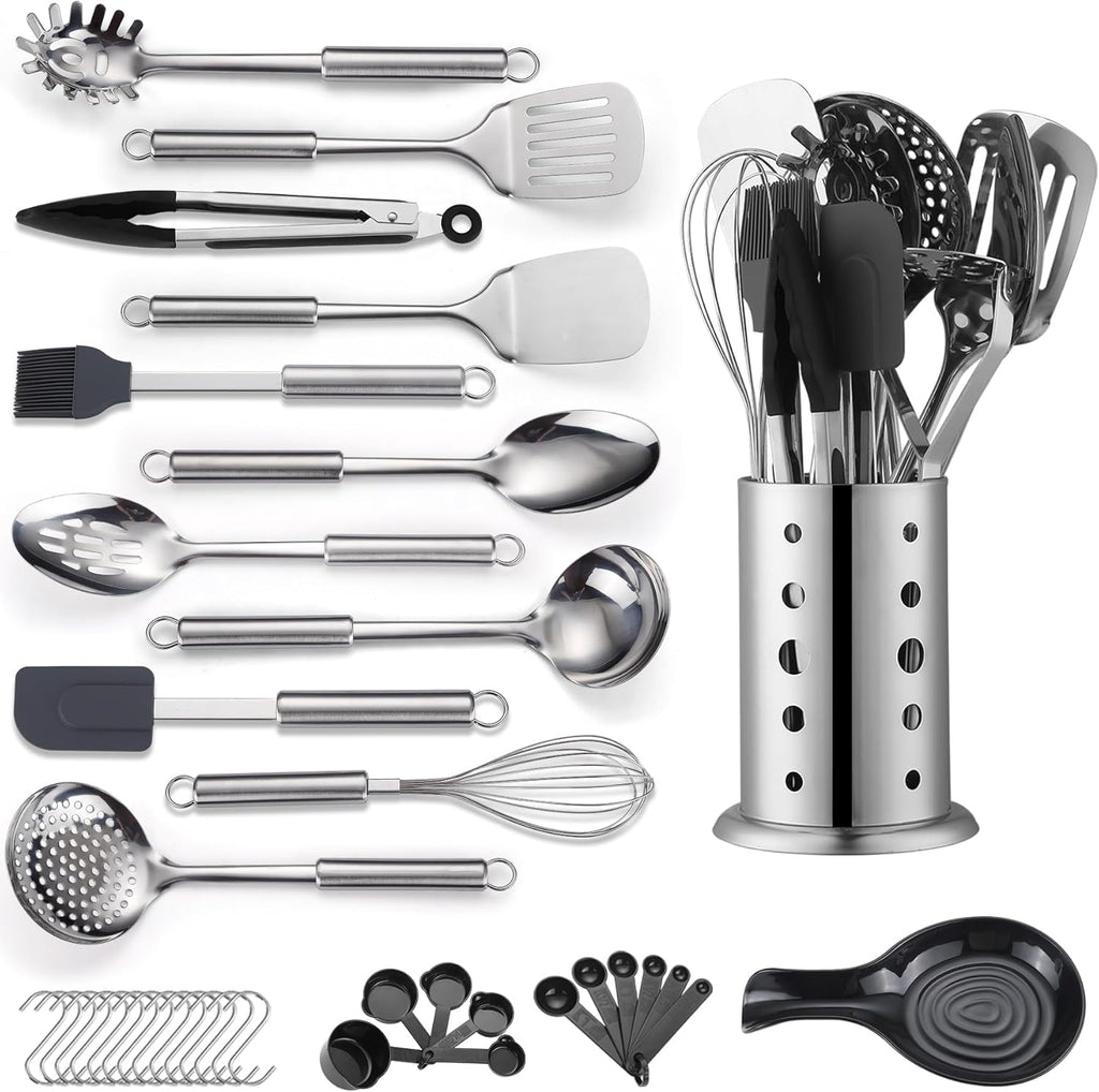 Set d'Ustensiles de Cuisine 39 Pièces ReaNea – Acier Inox, Porte-ustensiles Inclus, Lave-vaisselle