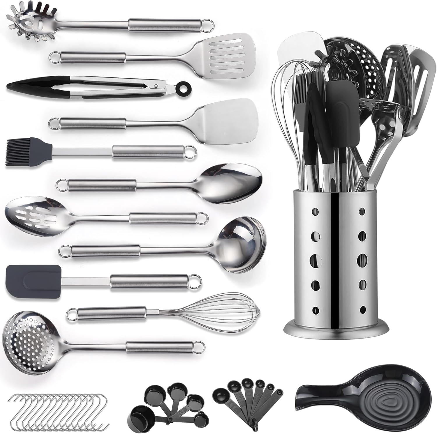 Set d'Ustensiles de Cuisine 39 Pièces ReaNea – Acier Inox, Porte-ustensiles Inclus, Lave-vaisselle