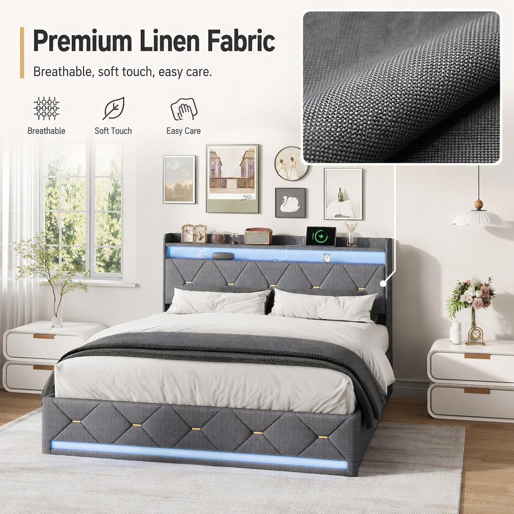 Lit Coffre BRILVERDE | LED RGB & Port USB | Sommier à Lattes | Tissu Lin | 90 à 160 x 200 cm