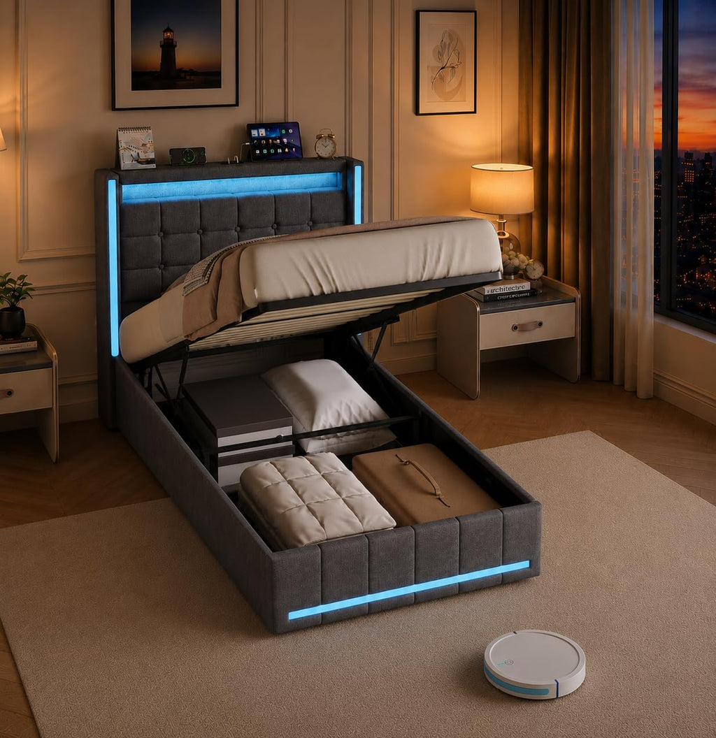 Lit Coffre 90x200 cm – Tête de Lit Rangement, Éclairage LED 16 Couleurs & Ports USB/USB-C