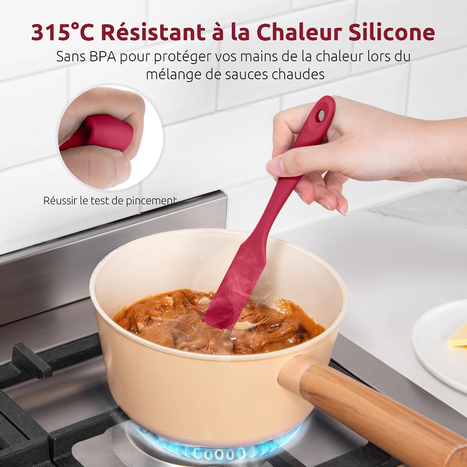 Spatule Silicone U-Taste – Embout Cuillère, Cœur Acier Inox, Résistante 315°C, 24,5 cm, Noir