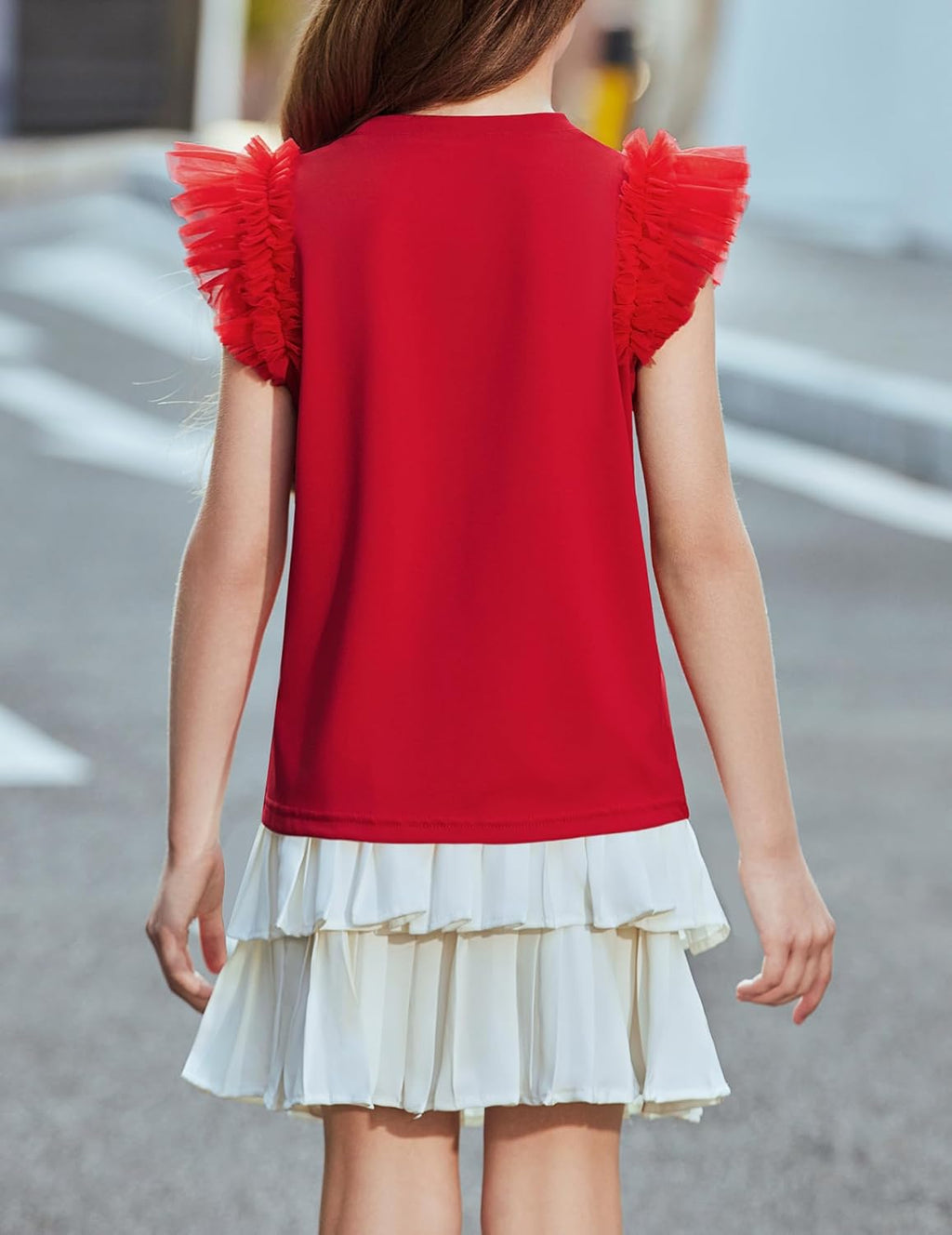 Arshiner T-shirt met kanten mouwen voor meisjes, zomertop, ronde hals, korte mouwen, casual, effen, 5-14 jaar