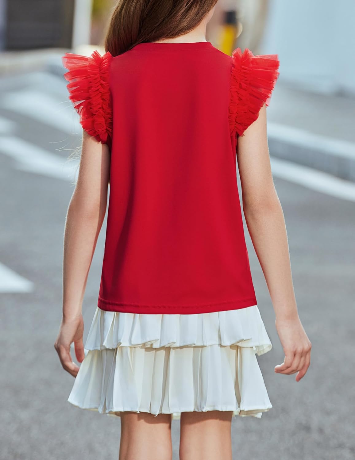 Arshiner T-shirt met kanten mouwen voor meisjes, zomertop, ronde hals, korte mouwen, casual, effen, 5-14 jaar