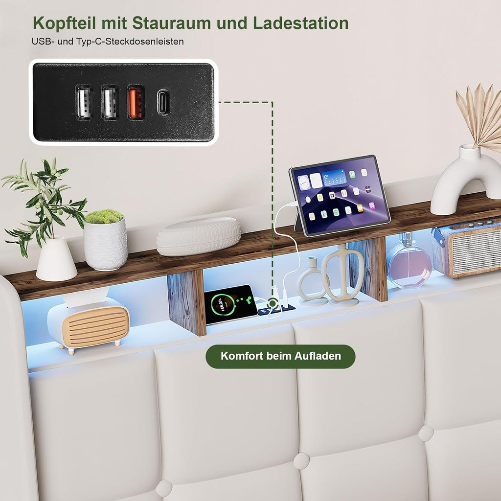 Lit Coffre BRILVERDE | LED RGB & Port USB | Sommier à Lattes | Tissu Lin | 90 à 160 x 200 cm