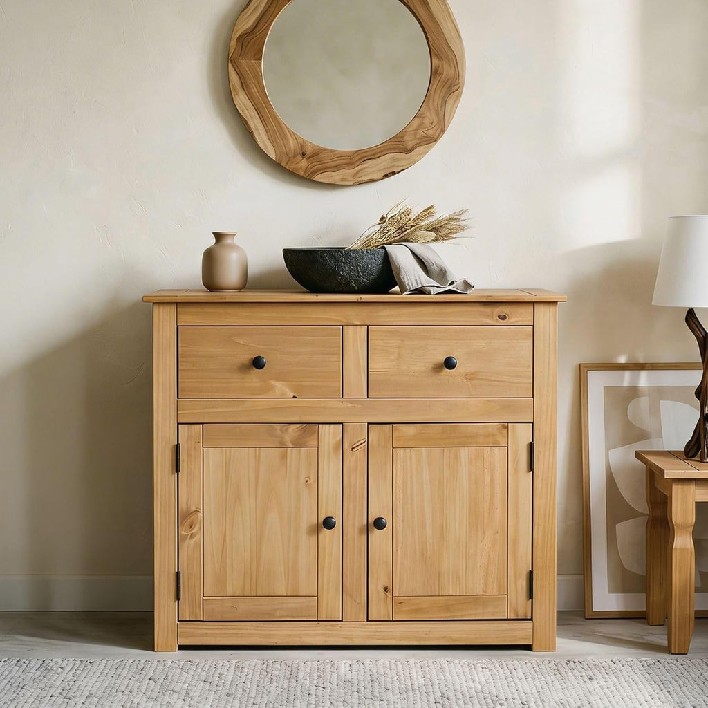 Buffet Campagnard IDIMEX Cancun – Pin Massif, 2 Portes & 2 Tiroirs, 93 x 81 cm