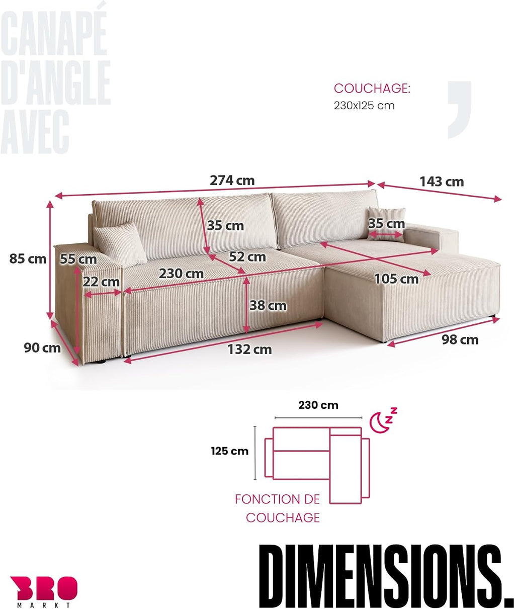 Canapé d'angle convertible BROMARKT ADI XL – 3 places – Velours côtelé vanille – Coffre de rangement
