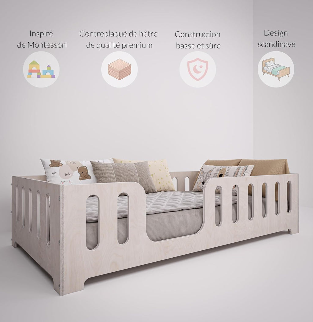 Lit Montessori Enfant 90 x 200 cm – Bois de Hêtre Naturel – Barrière de Sécurité & Sommier à Lattes