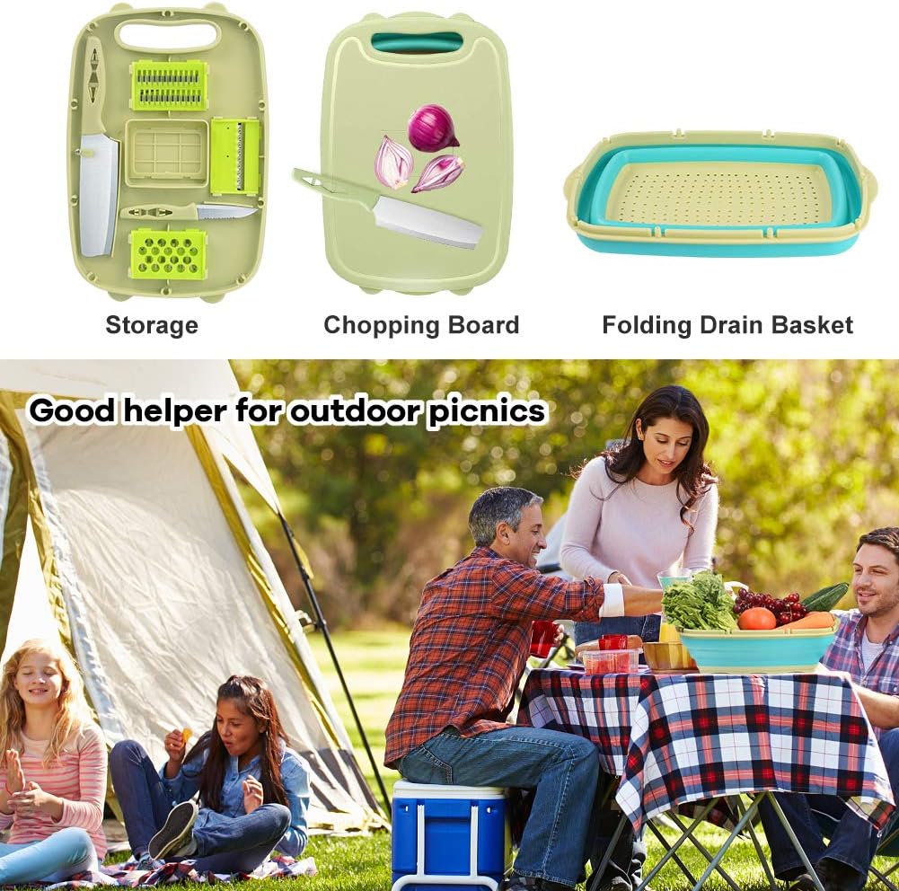 HI NINGER 9-in-1 multifunctionele snijplank, keuken met 5 groentesnijders en 2 messen, draagbare kunststof opvouwbare afvoermand voor camping, barbecue, outdoor
