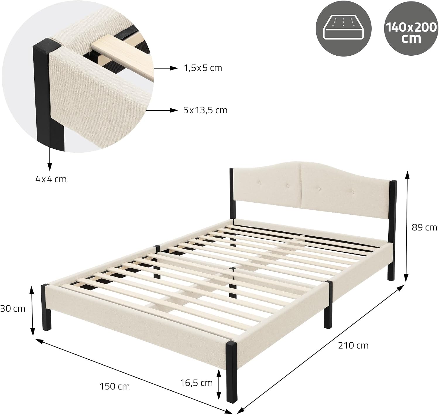 Lit Rembourré ML-Design | Cadre en Acier, Sommier à Lattes, Tête de Lit | Tissu Lin Beige ou Gris | 90/140/160/180 x 200 cm