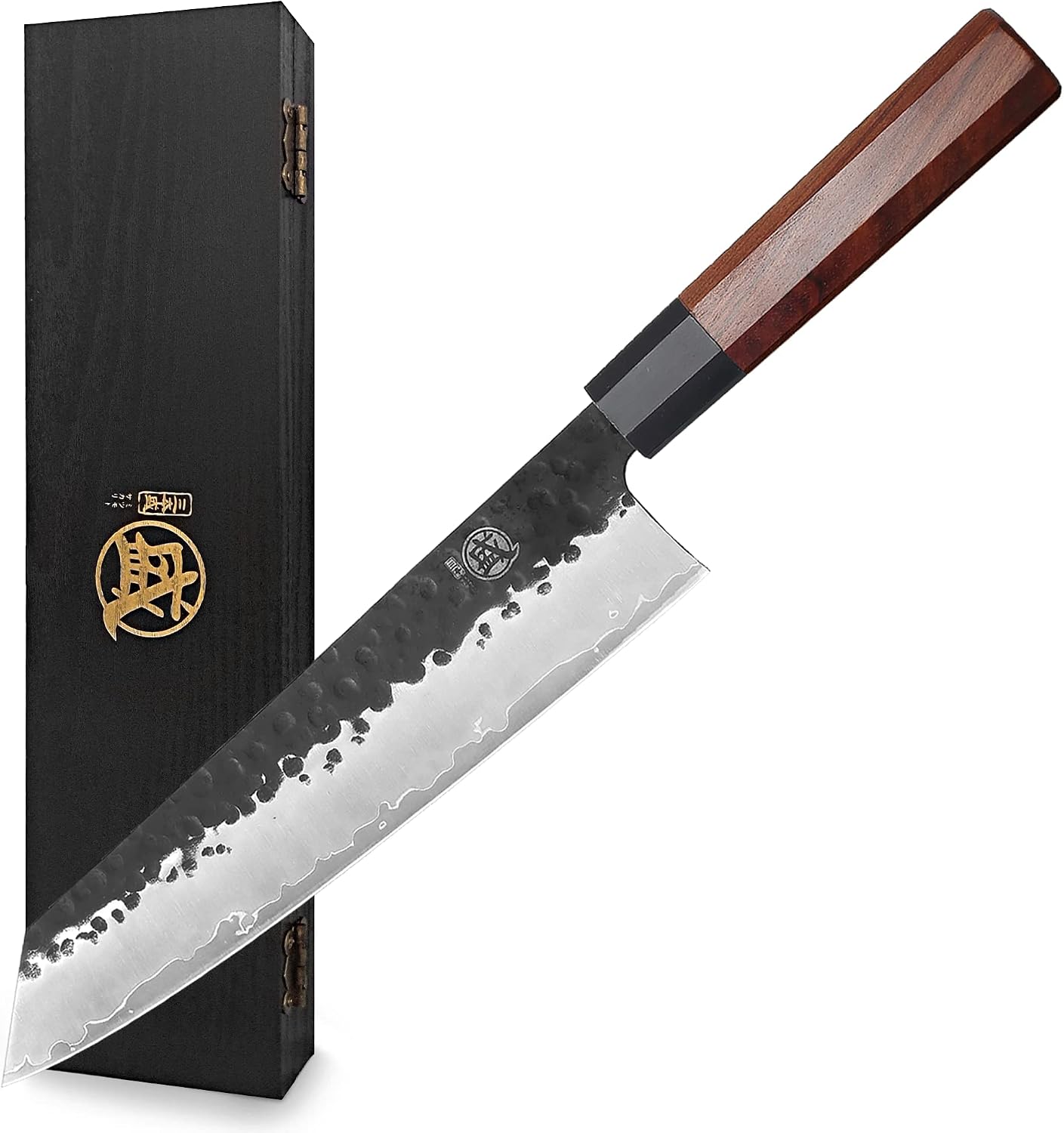 Couteau Gyuto Japonais MITSUMOTO SAKARI 22 cm – Forgé Main, Acier Haute Carbone, Bois de Rose