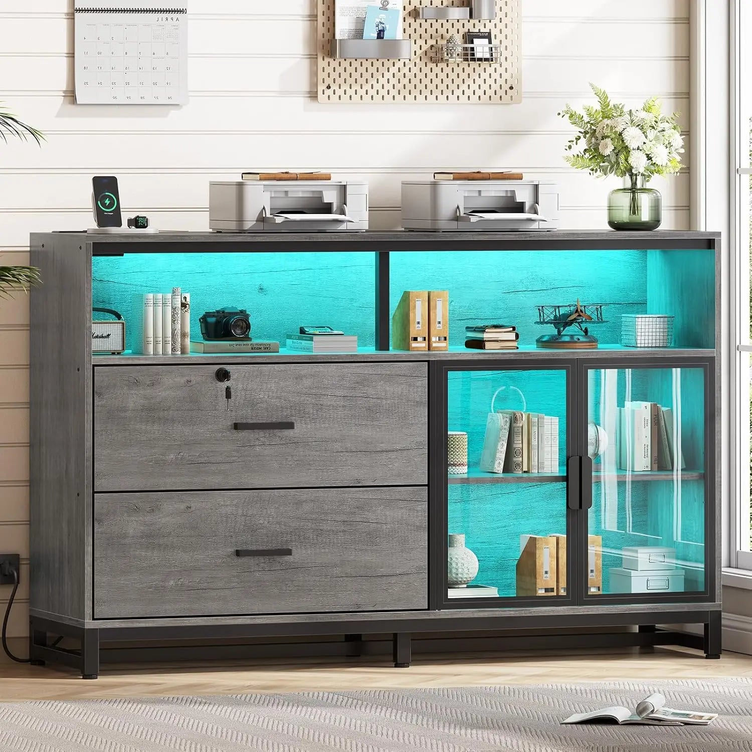 Classeur de bureau 150 cm – 2 tiroirs verrouillables, station de charge & LED