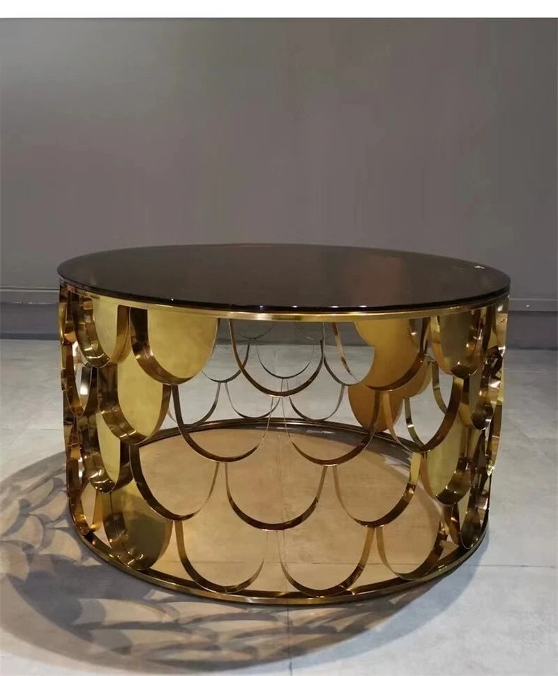 Table Basse Ronde en Acier Inoxydable – Décoration Écaille Brillante pour Salon