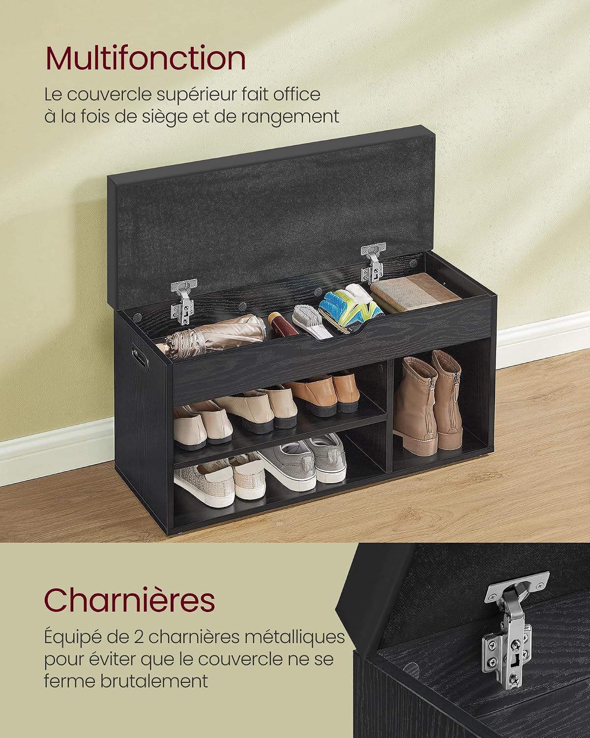 Banc à Chaussures Rembourré VASAGLE – Rangement 3 Compartiments, Style Vintage, 80 cm