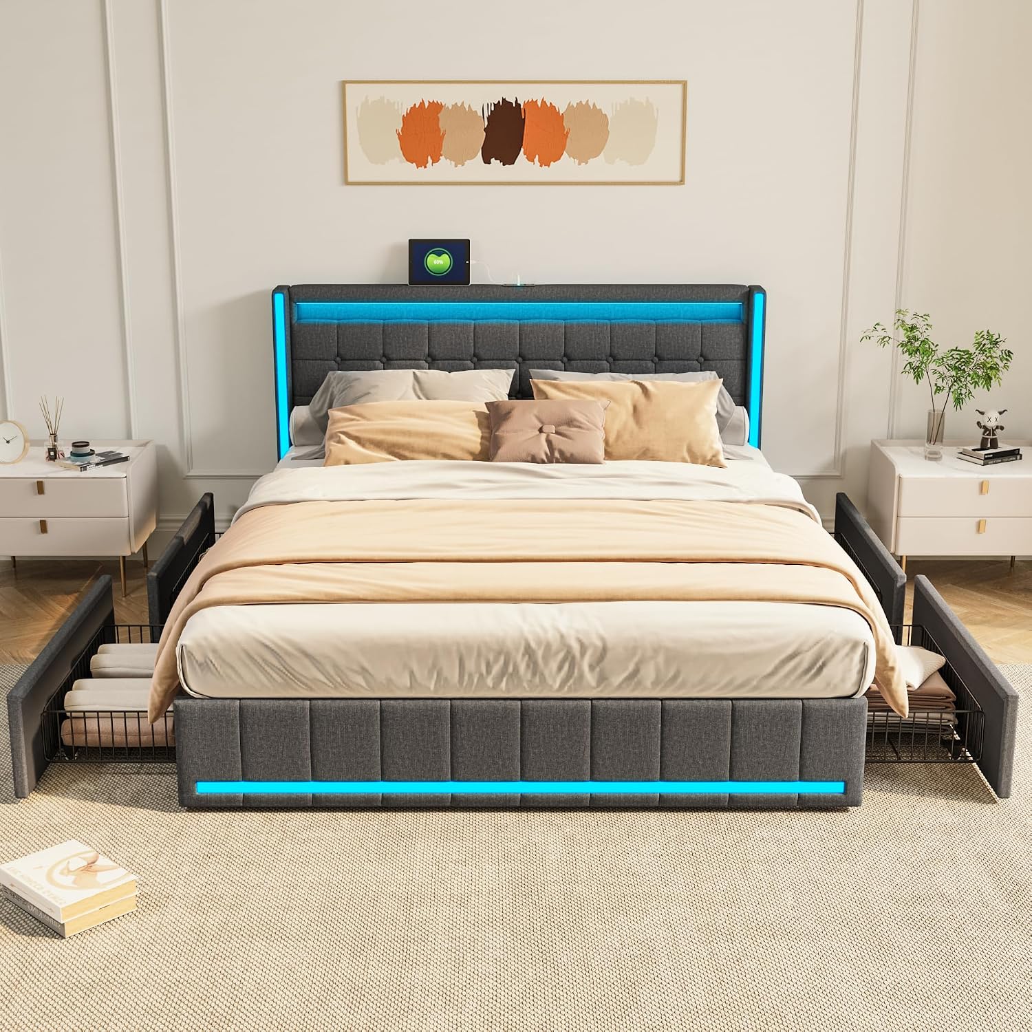 Lit Double 140x200 cm – 4 Tiroirs de Rangement, Éclairage LED +6000 Couleurs & Tête de Lit Réglable en PU