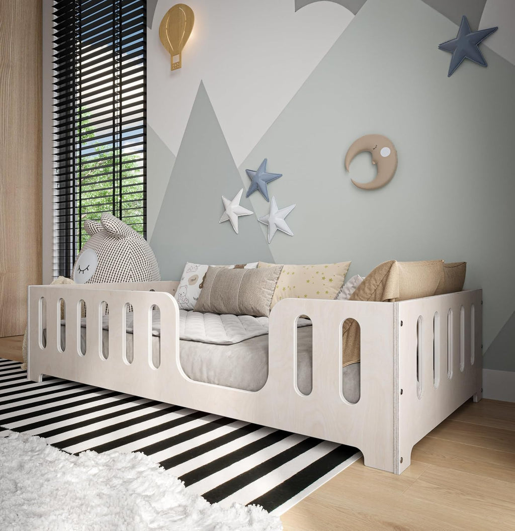 Lit Montessori Enfant 90 x 200 cm – Bois de Hêtre Naturel – Barrière de Sécurité & Sommier à Lattes