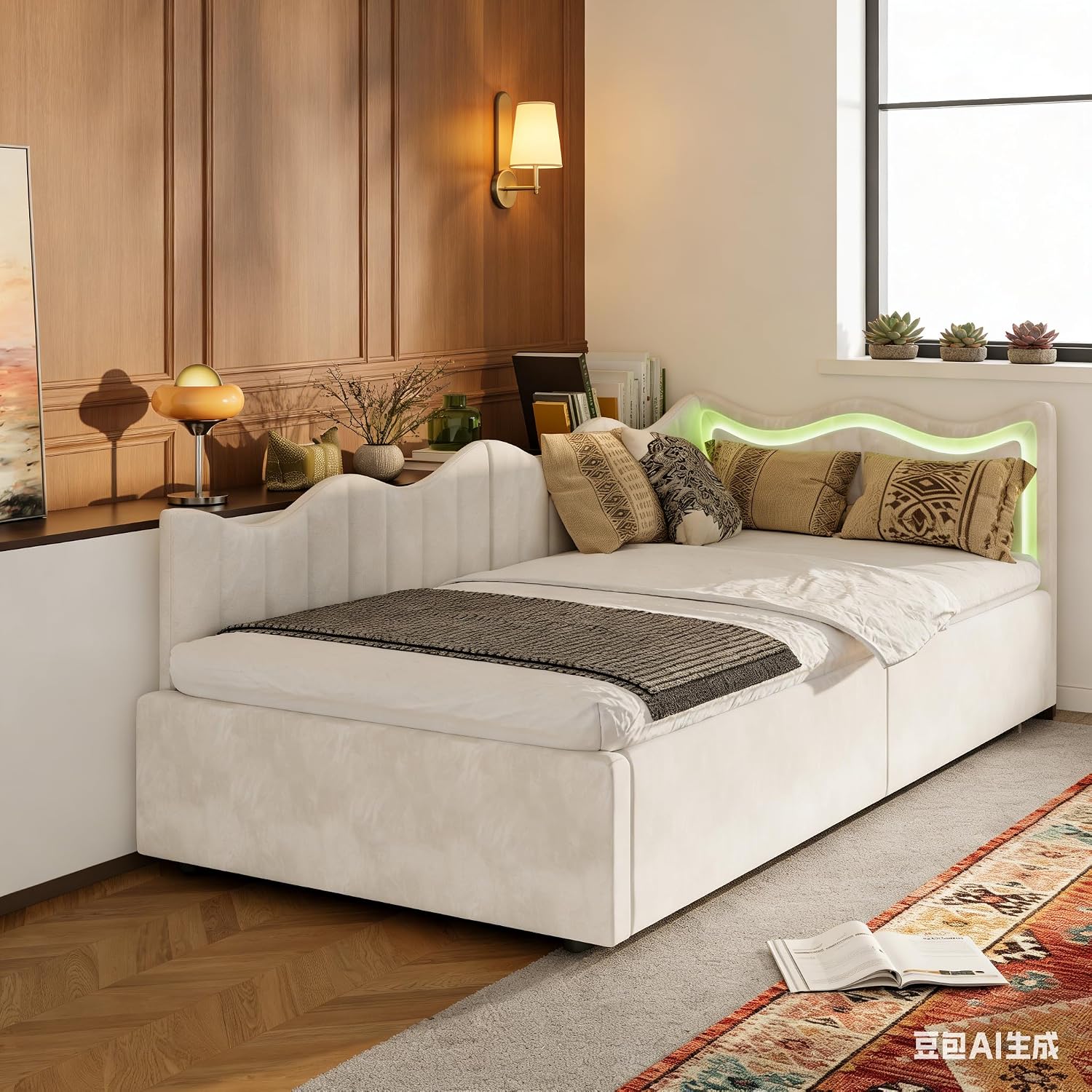 Canapé-Lit Convertible LKPOMI 2 Places — Velours Beige, Lit 180x200 cm