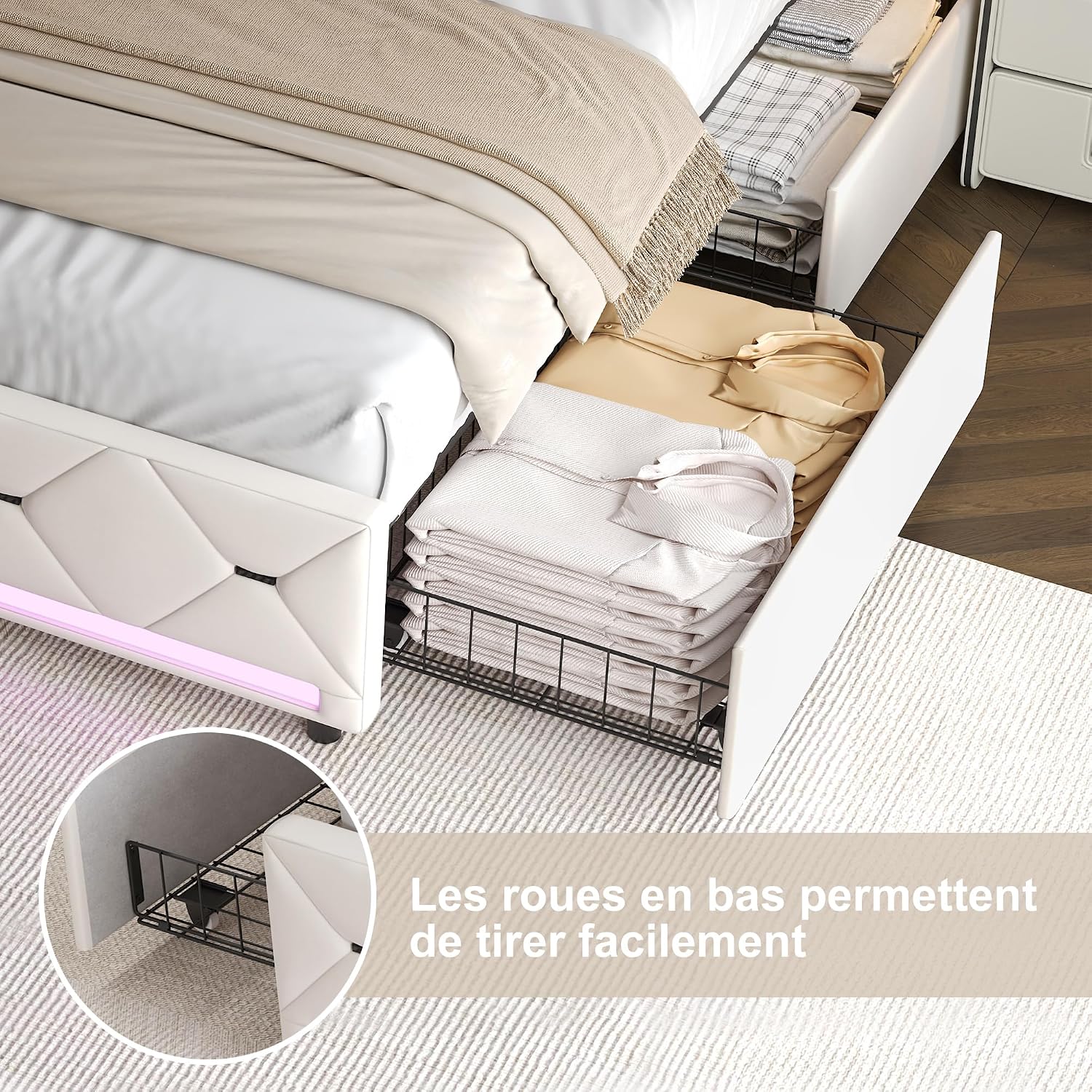 Lit Double 140x200 cm – 4 Tiroirs de Rangement, Éclairage LED +6000 Couleurs & Tête de Lit Réglable en PU