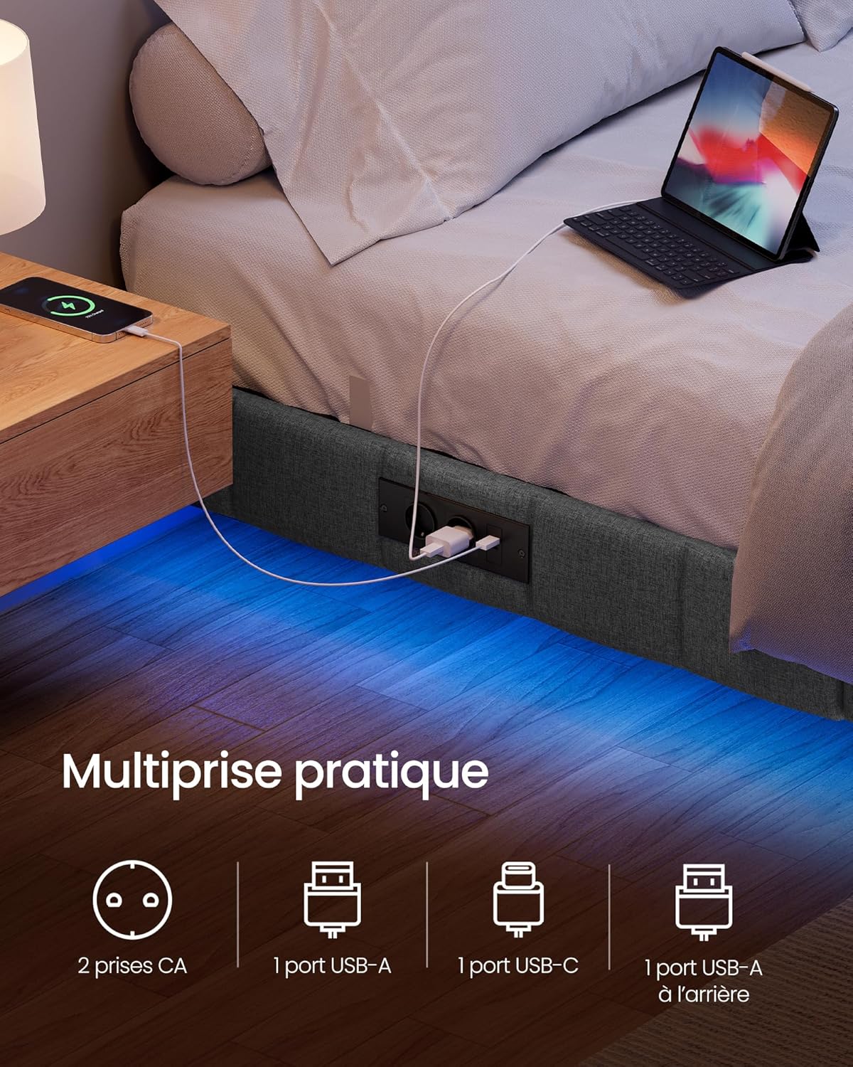 Cadre de Lit 90 x 200 cm avec Lumières LED & Prise Intégrée – Effet Flottant – Gris Ardoise – Charge 250 kg