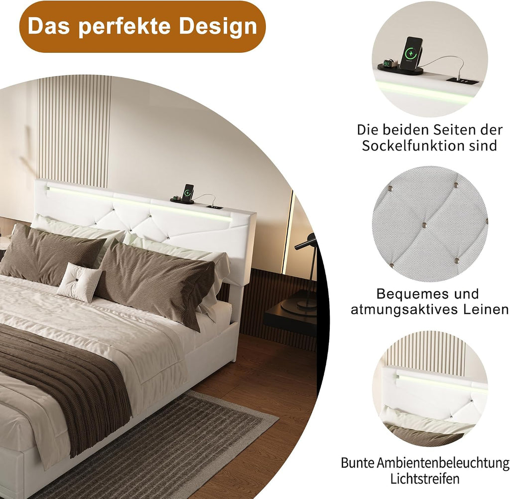 Lit Coffre BRILVERDE | LED RGB & Port USB | Sommier à Lattes | Tissu Lin | 90 à 160 x 200 cm