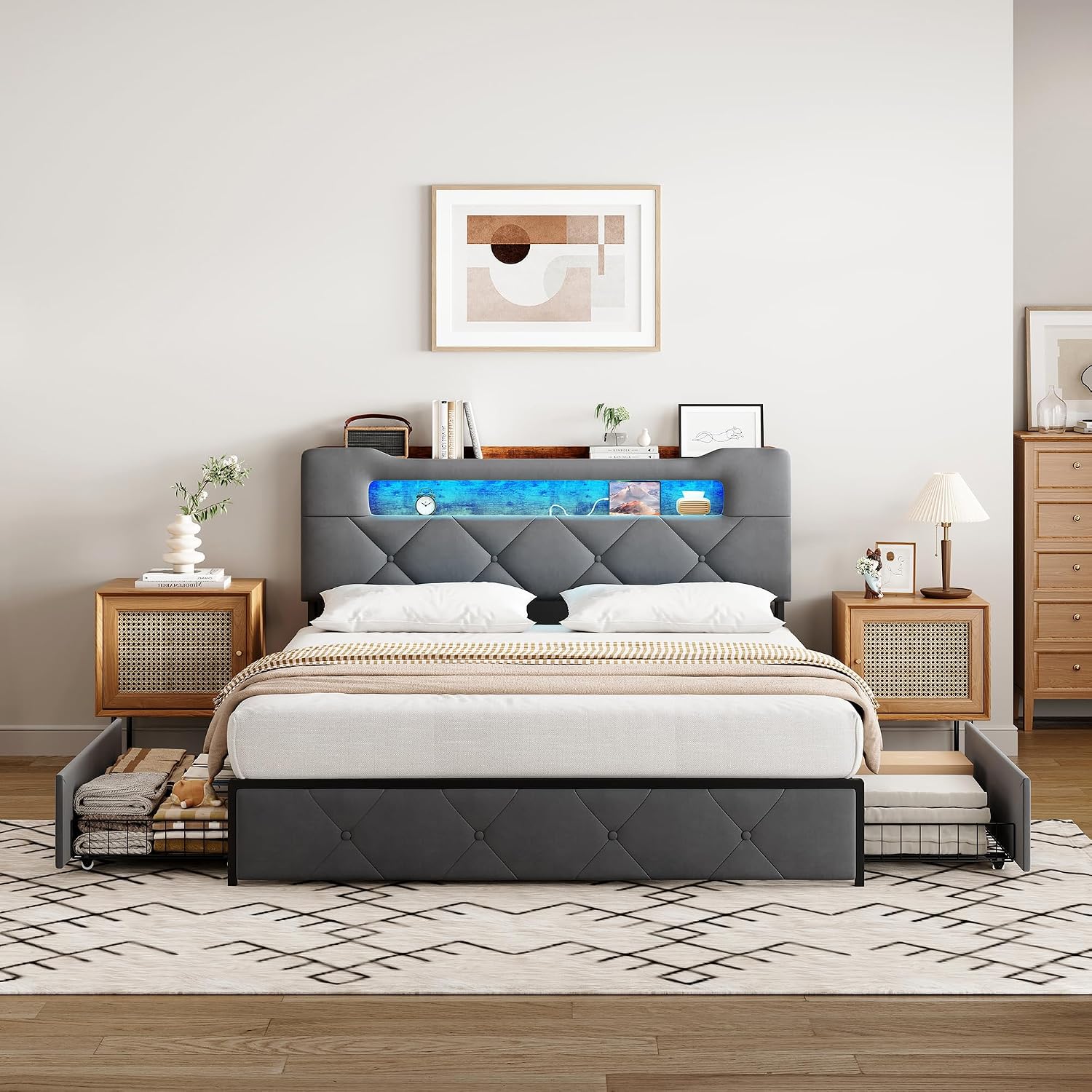 Lit Double 140x200 cm – 4 Tiroirs de Rangement, Éclairage LED +6000 Couleurs & Tête de Lit Réglable en PU