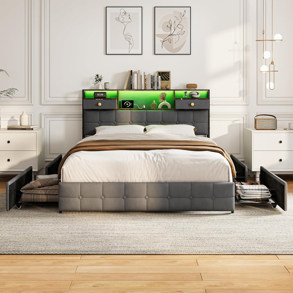 Lit Double 140x200 cm – 4 Tiroirs de Rangement, Éclairage LED +6000 Couleurs & Tête de Lit Réglable en PU