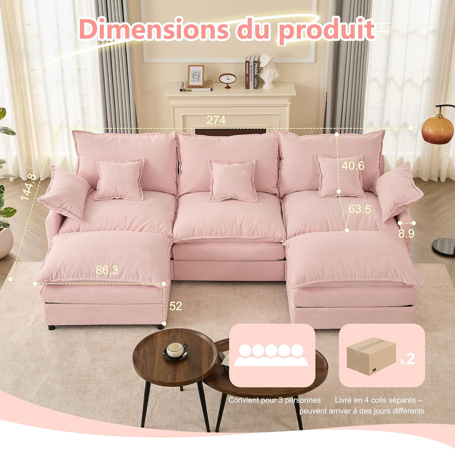 Canapé Modulable Litbird 3 Places — Velours Côtelé, Rose Pâle, Convertible