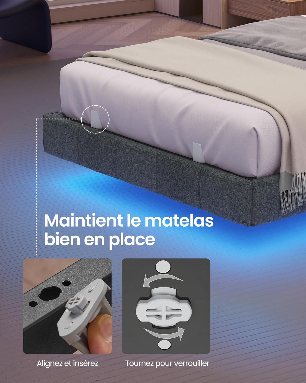 Cadre de Lit 90 x 200 cm avec Lumières LED & Prise Intégrée – Effet Flottant – Gris Ardoise – Charge 250 kg