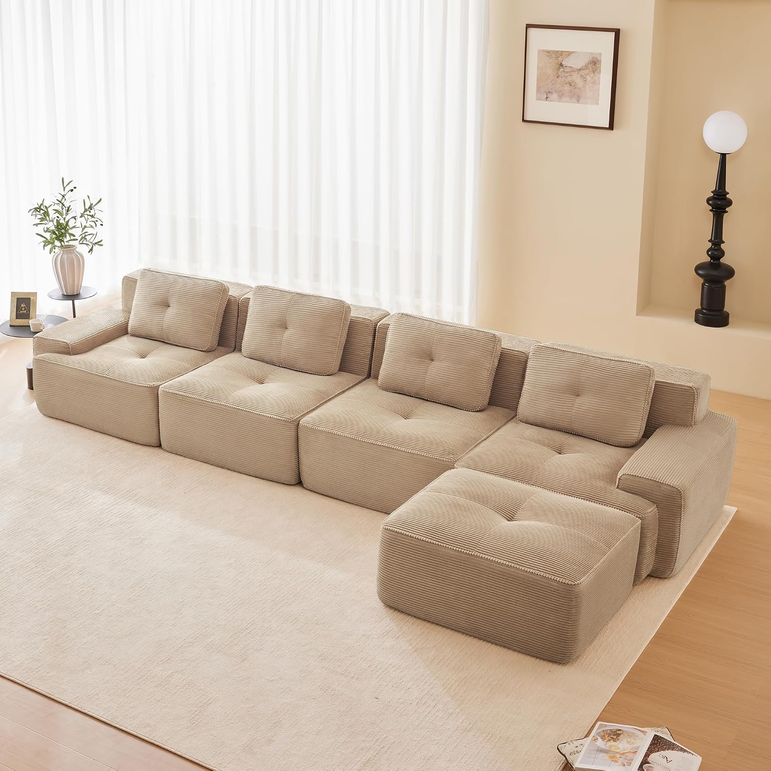 Canapé modulable en L Bladez – 3+1 places – Tissu côtelé kaki clair – Assise profonde