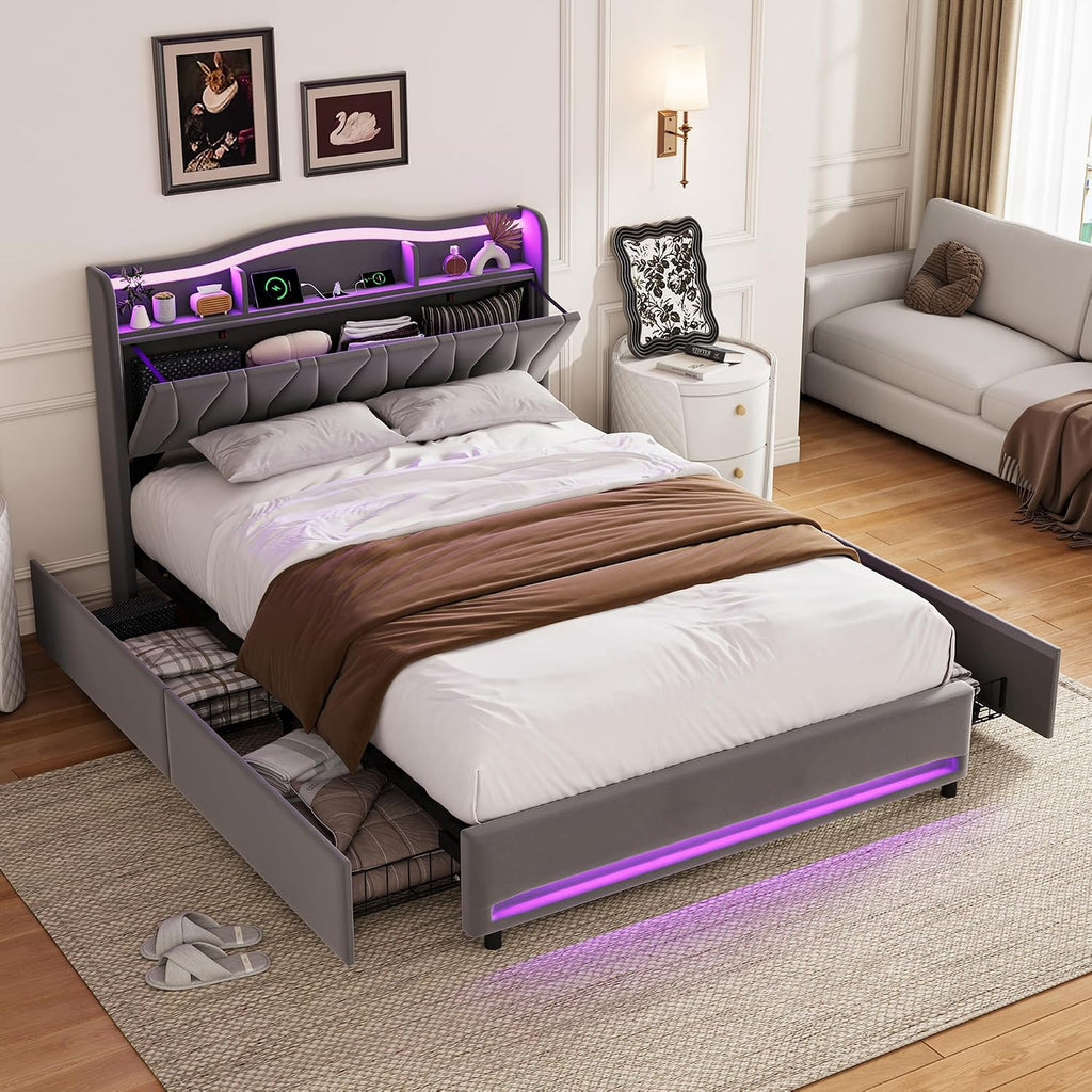 Lit Double 140x200 cm – 4 Tiroirs de Rangement, Éclairage LED +6000 Couleurs & Tête de Lit Réglable en PU
