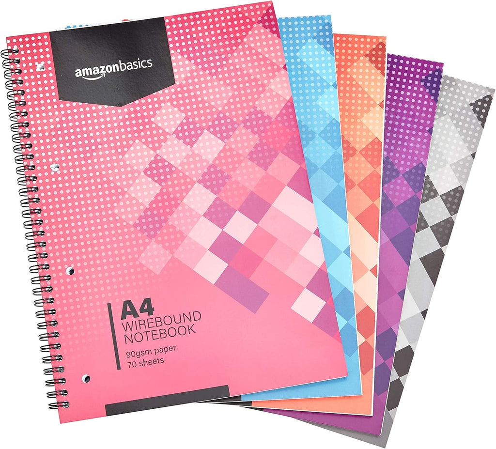 Amazon Basics Spiraalbinding, A4, 70 vellen, 140 vellen, 90 g/m², diverse kleuren, 5 stuks