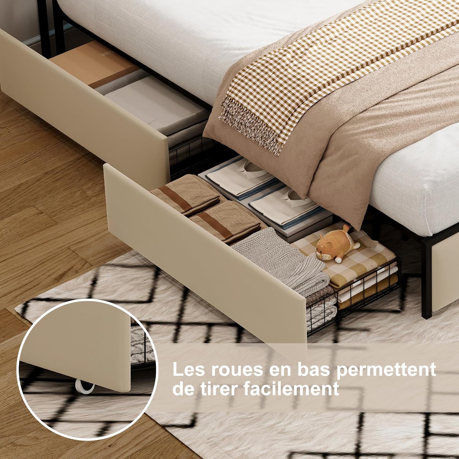Lit Double 140x200 cm – 4 Tiroirs de Rangement, Éclairage LED +6000 Couleurs & Tête de Lit Réglable en PU