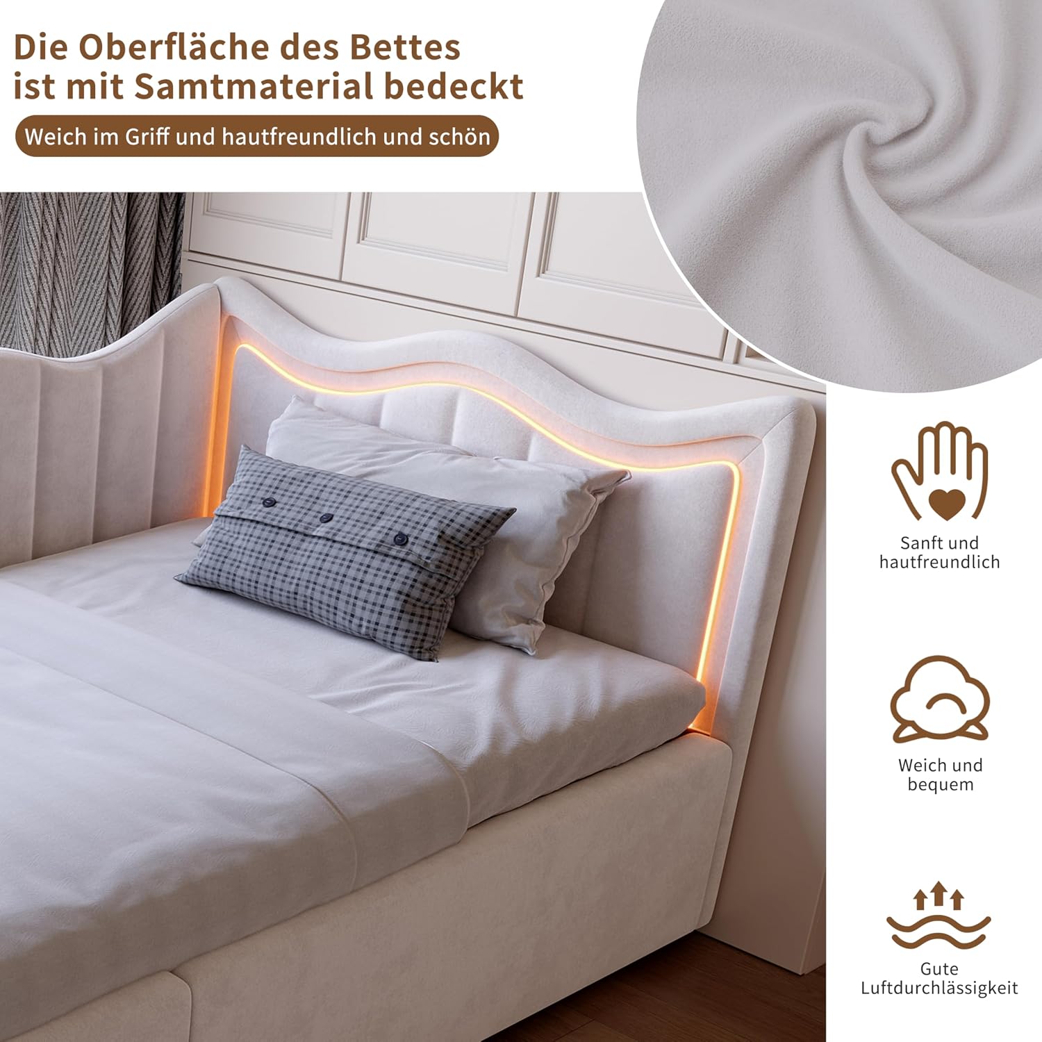 Canapé-Lit Convertible LKPOMI 2 Places — Velours Beige, Lit 180x200 cm