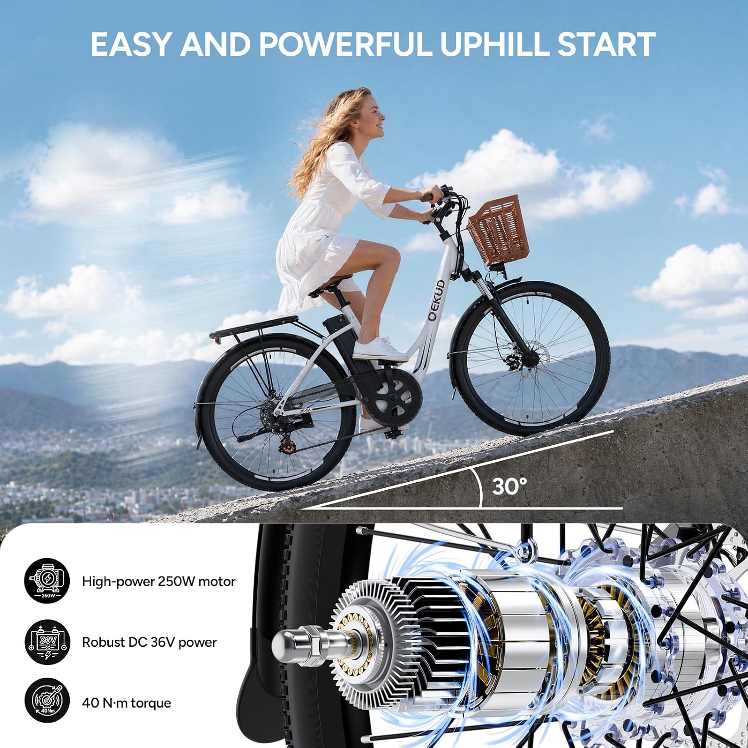 E-bike voor dames en heren, 26 inch, met mand, stadsfiets, trekkingfiets met 36 V 13 Ah accu, wit