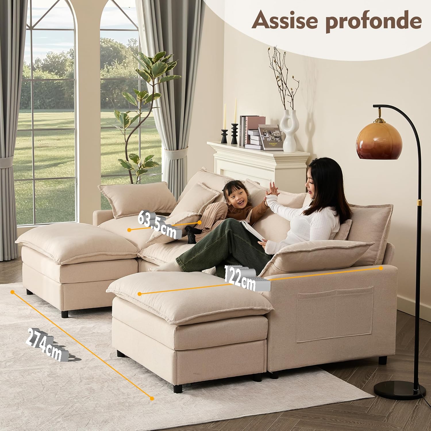 Canapé Modulable Litbird 3 Places — Velours Côtelé, Rose Pâle, Convertible